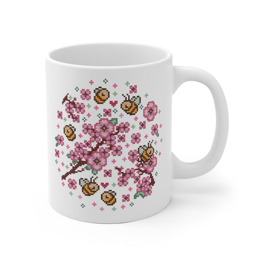 Motivtasse - Niedliche Kawaii Kreuzstich Optik Tasse - Sakura Bees - Frühling Kaffee Tasse