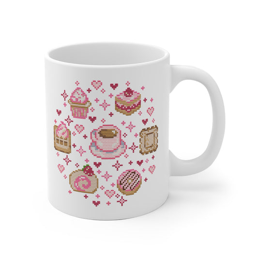 Tasse Sticken - Kawaii Kreuzstich Optik Motivtasse - Törtchen und Gebäck