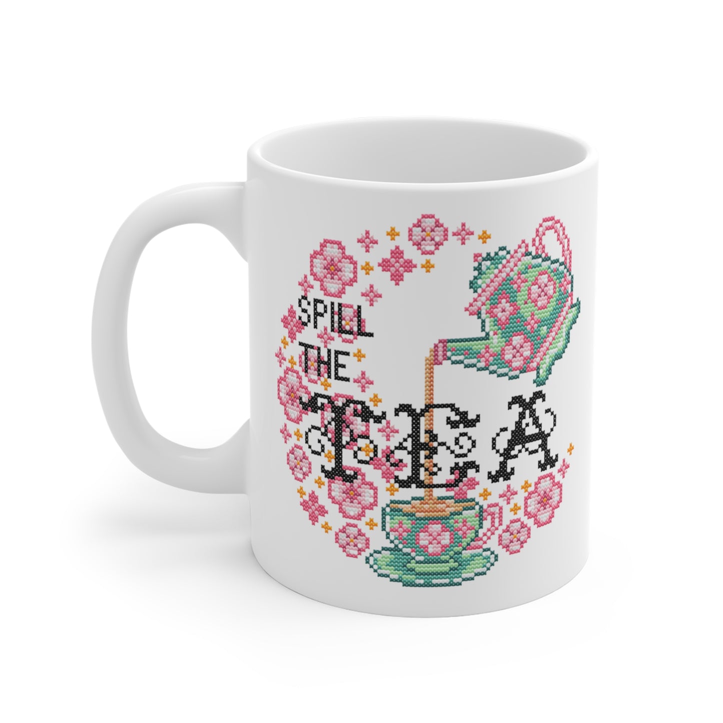 Motivtasse - Niedliche Kawaii Kreuzstich Optik Tasse - Spill the Tea - Frühling Kaffee Tasse