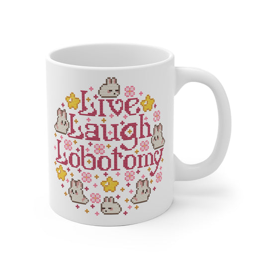 Tasse Sticken - Witzige Kreuzstich Optik Motivtasse - Live Laugh Lobotomy