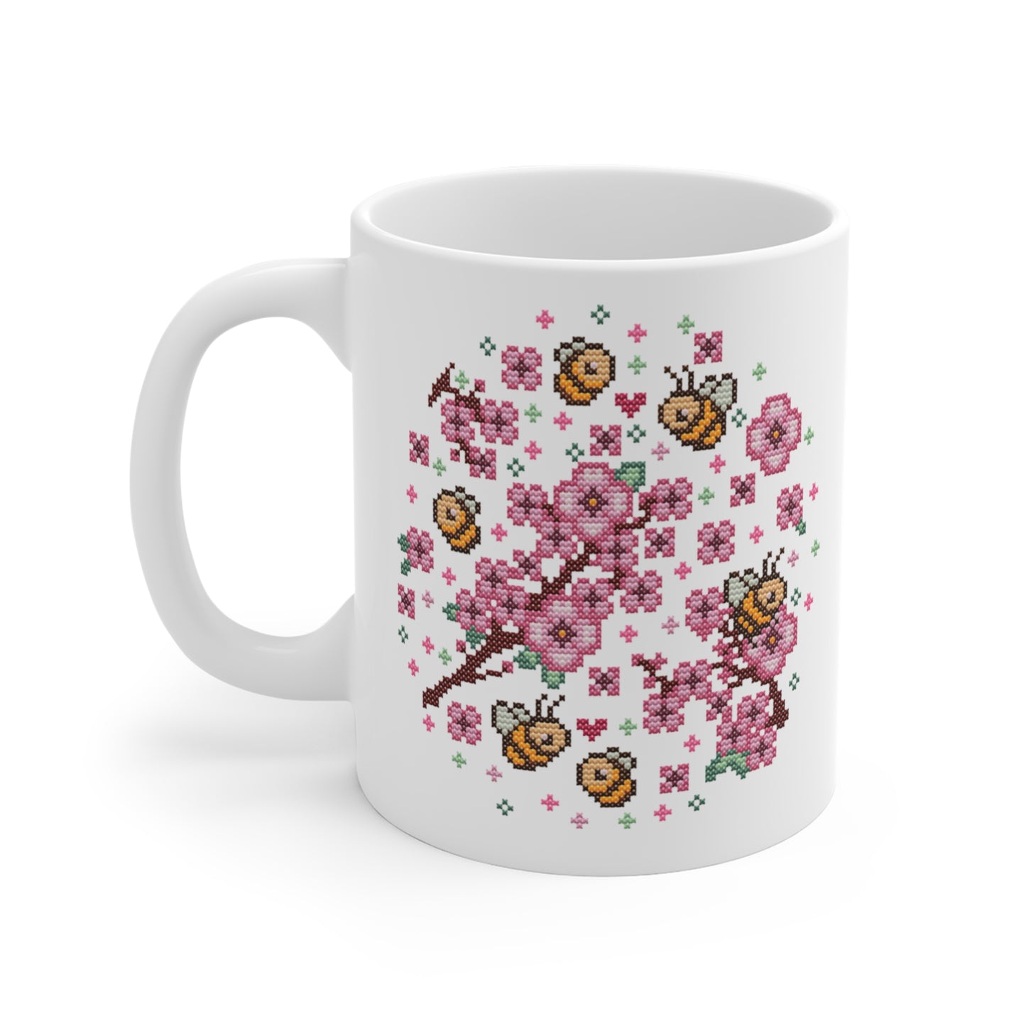 Motivtasse - Niedliche Kawaii Kreuzstich Optik Tasse - Sakura Bees - Frühling Kaffee Tasse