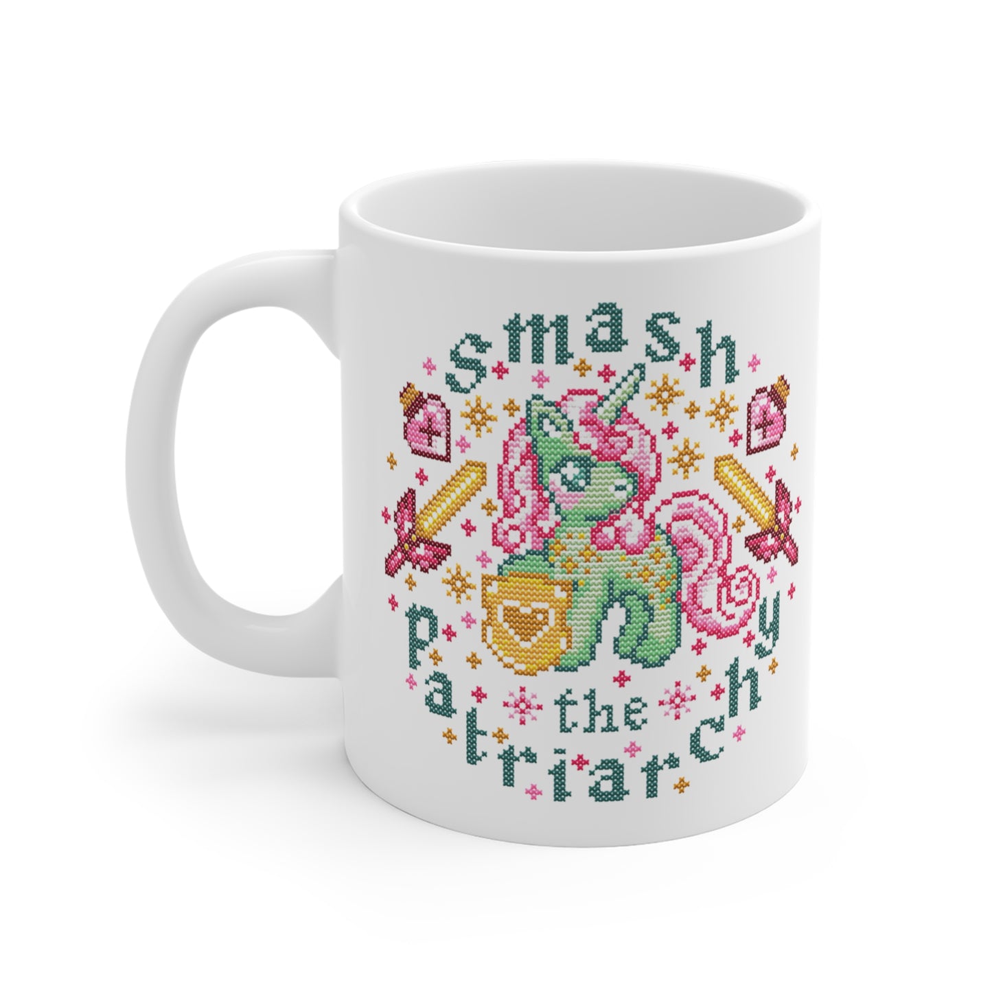 Tasse Sticken - Feministische Kreuzstich Optik Motivtasse - Geschenk für Sticker*innen- Smash the Patriarchy
