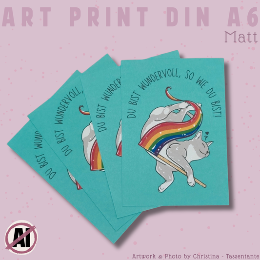Lgbtq Pride Print, A6, Du bist wundervoll, so wie du bist, Katze mit Pride Flagge, Pride Geschenk, Coming Out