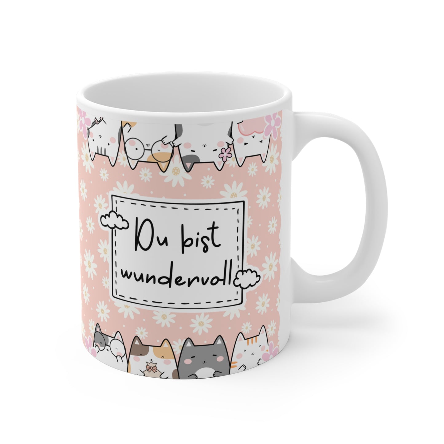 Liebevoll gestaltete rosa Tasse mit Blumenmuster, süßen Katzen und der Aufschrift „Du bist wundervoll“ – perfektes Geschenk für Freundinnen, Kolleginnen oder zum Selbstverwöhnen.