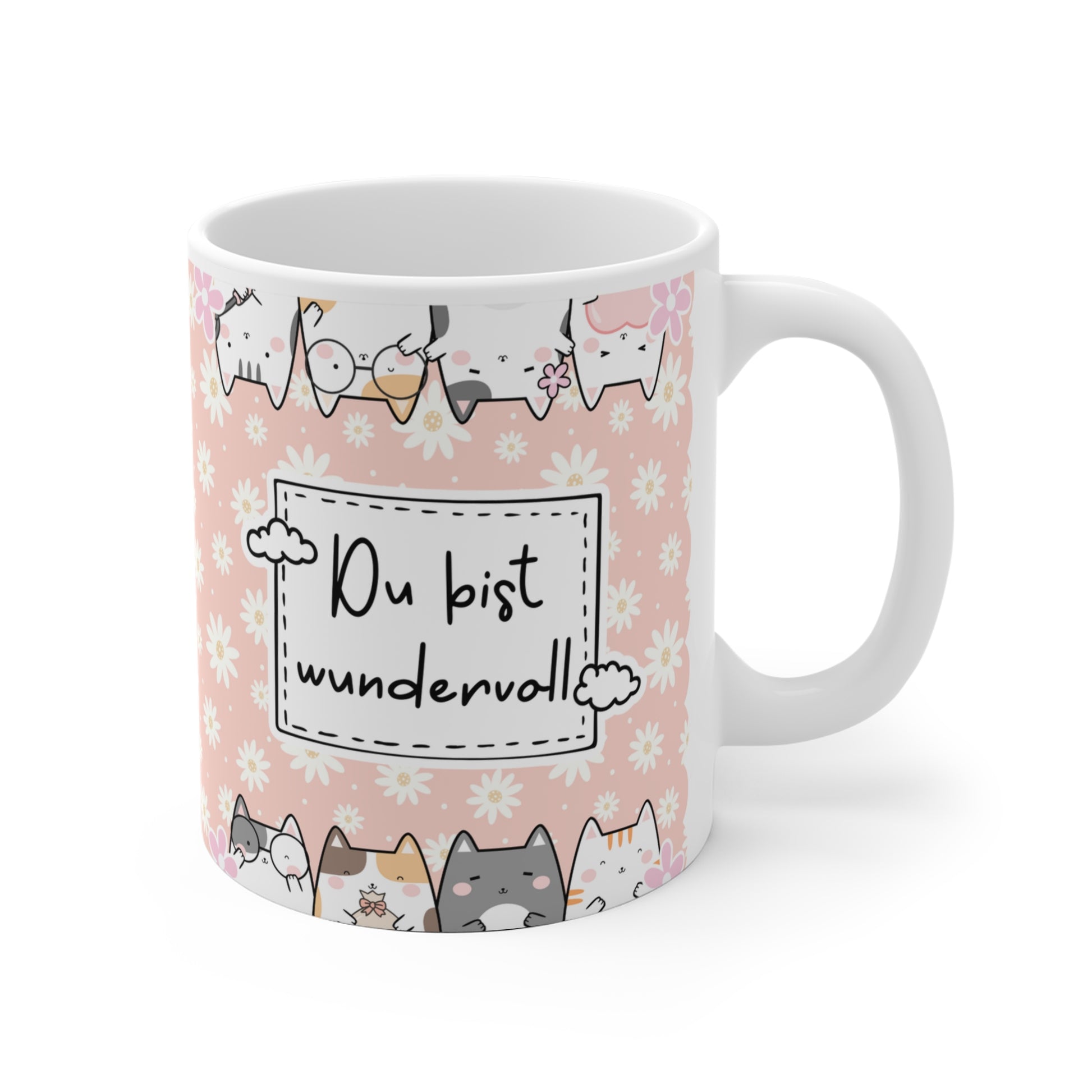 Liebevoll gestaltete rosa Tasse mit Blumenmuster, süßen Katzen und der Aufschrift „Du bist wundervoll“ – perfektes Geschenk für Freundinnen, Kolleginnen oder zum Selbstverwöhnen.