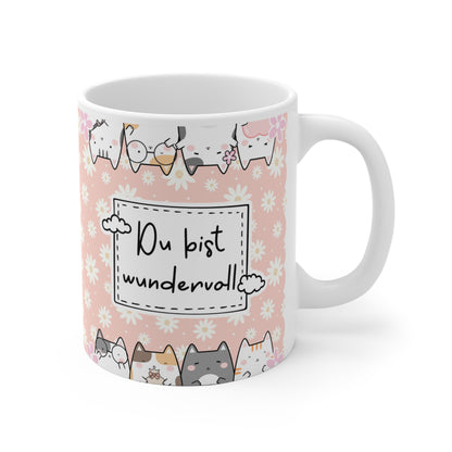 Liebevoll gestaltete rosa Tasse mit Blumenmuster, süßen Katzen und der Aufschrift „Du bist wundervoll“ – perfektes Geschenk für Freundinnen, Kolleginnen oder zum Selbstverwöhnen.