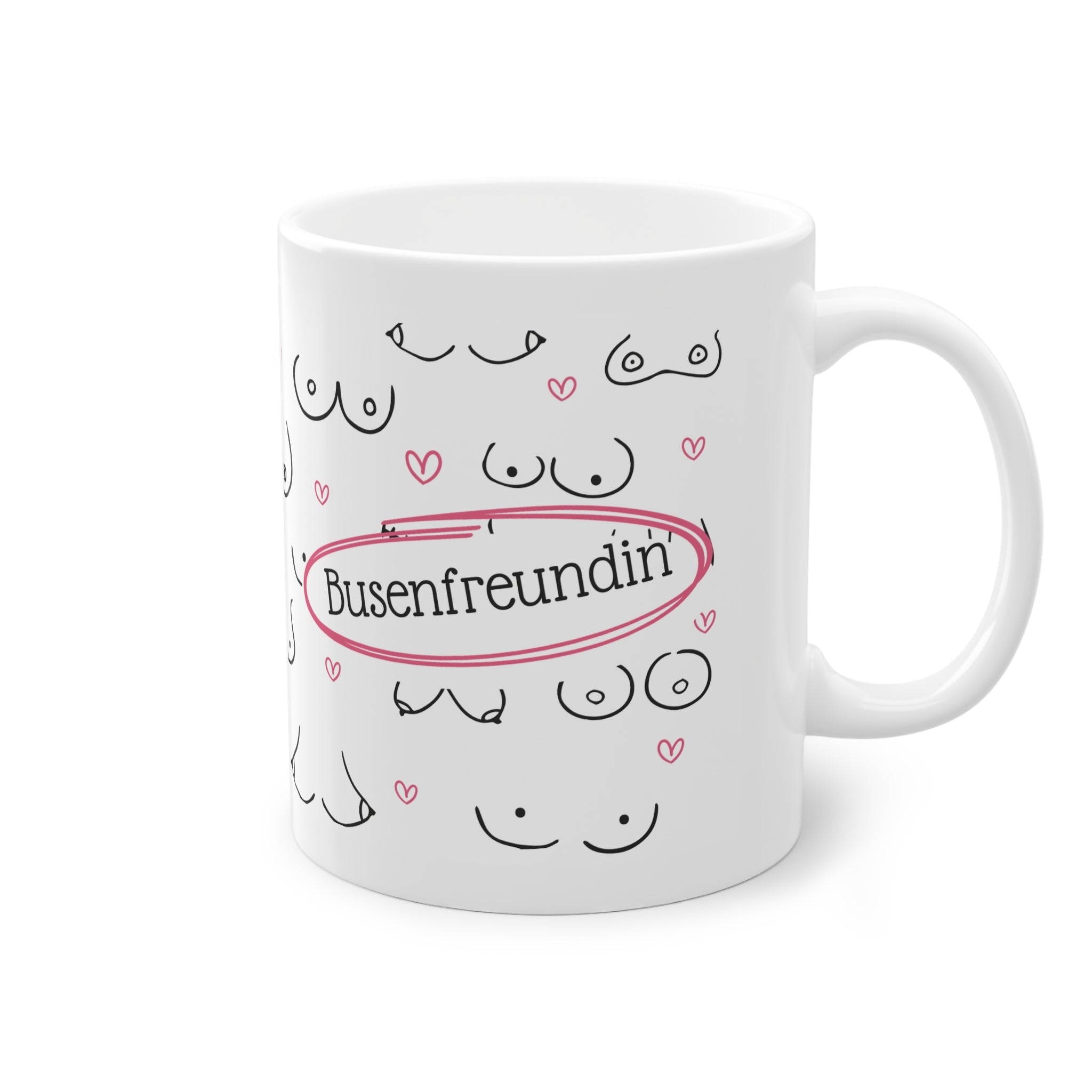 Begib dich auf eine humorvolle Reise mit unserer Busenfreundin Tasse, die mit einem verspielten Brustmotiv und dem witzigen Text "Busenfreundin" verziert ist. 