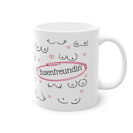 Begib dich auf eine humorvolle Reise mit unserer Busenfreundin Tasse, die mit einem verspielten Brustmotiv und dem witzigen Text "Busenfreundin" verziert ist. 