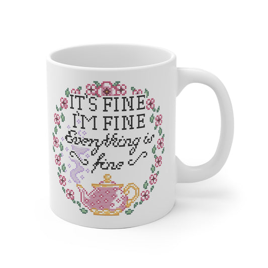 Tasse Sticken -  Witzige Kreuzstich Optik Motivtasse - Geschenk für Sticker*innen- It´s fine...