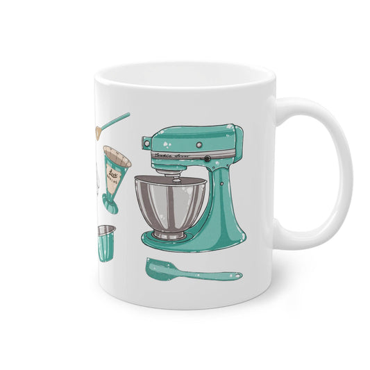 a coffee mug with a green mixer on it