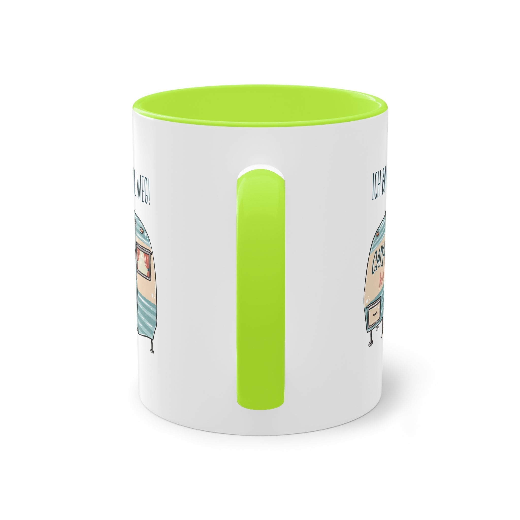 a green and white mug with a cartoon character on it