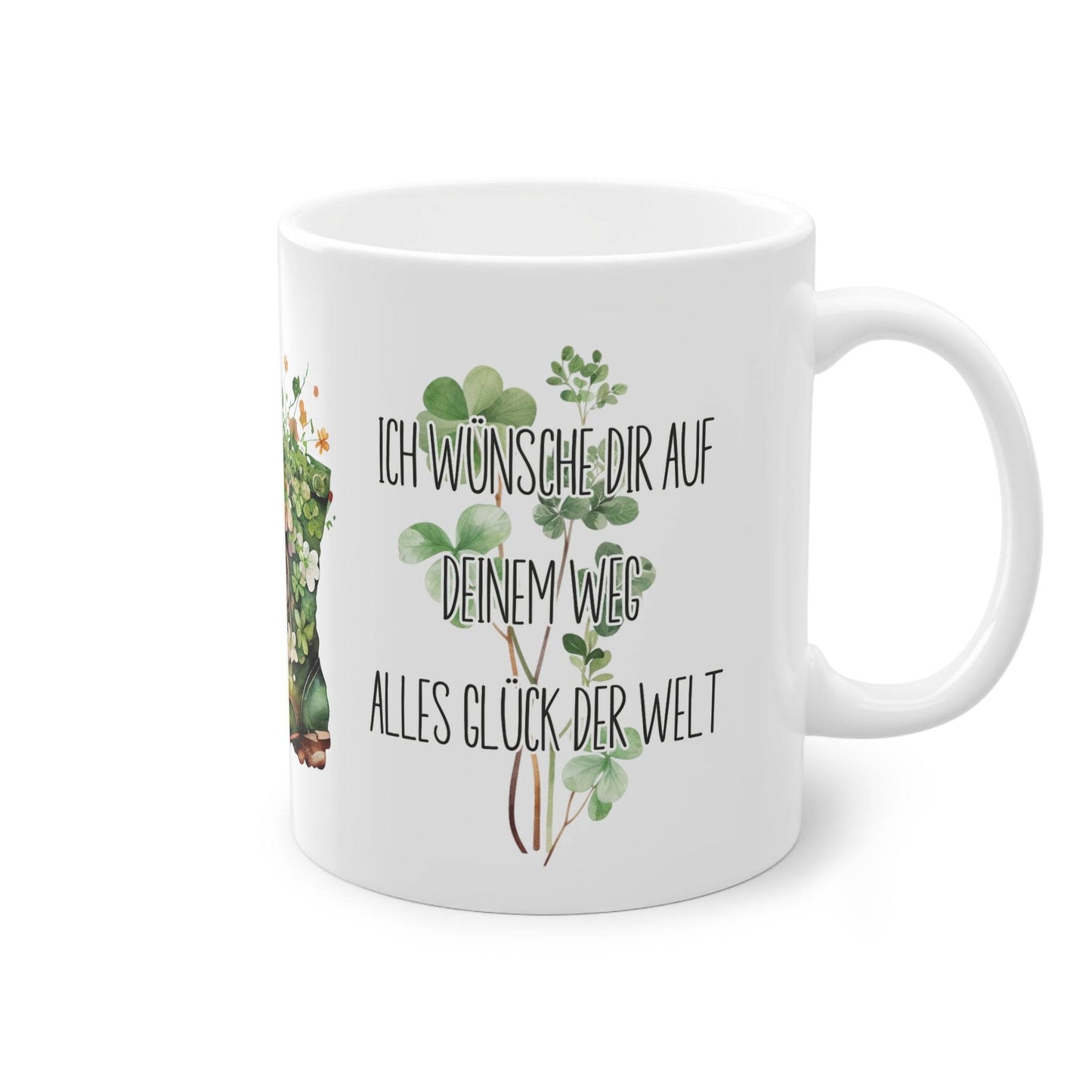 Geschenk zum Schulabschluss. Tasse verziert mit zarten Kleeblättern und dem herzlichen Text: "Ich wünsche dir auf deinem Weg alles Glück der Welt". Shoppe jetzt!
