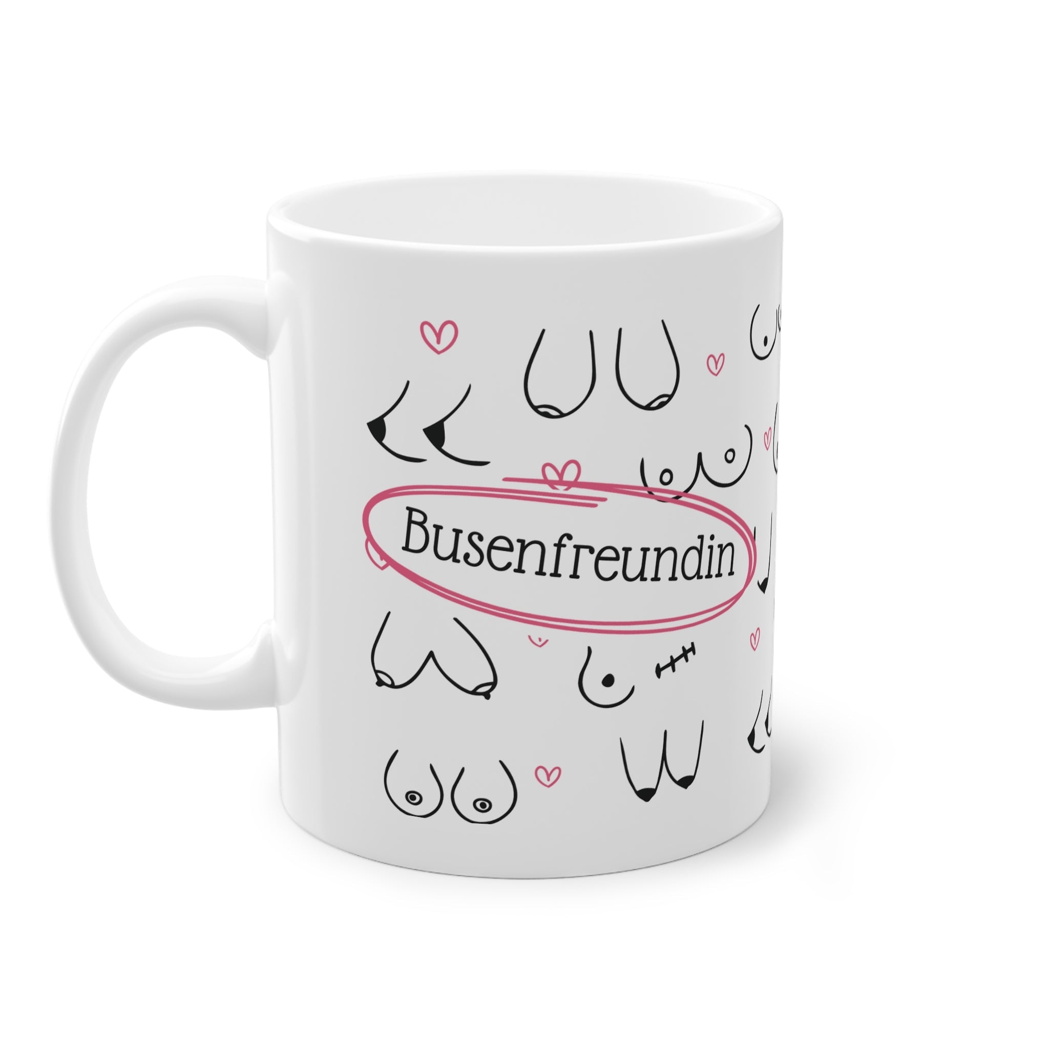 Begib dich auf eine humorvolle Reise mit unserer Busenfreundin Tasse, die mit einem verspielten Brustmotiv und dem witzigen Text "Busenfreundin" verziert ist. 