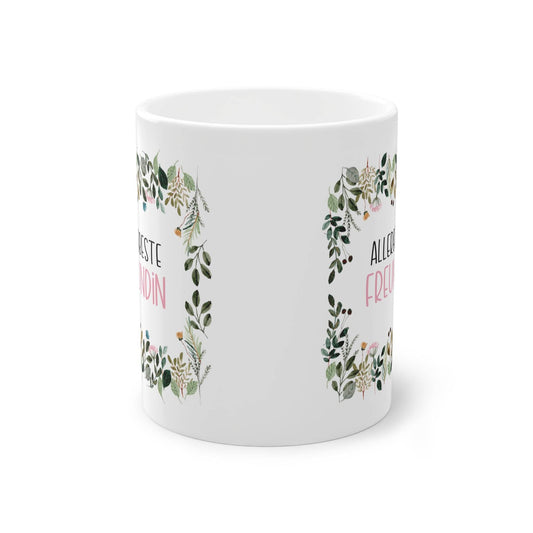 Überrasche deine Allerbeste Freundin mit dieser süssen Tasse, umhüllt von einem liebevollen floralen Rahmen – das perfekte Geschenk für die beste Freundin. 
