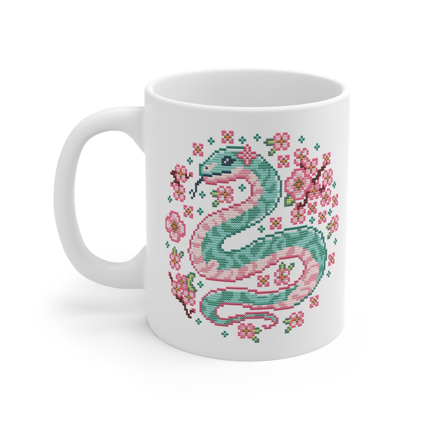 Motivtasse -  Niedliche Kawaii Kreuzstich Optik Tasse - Sakura Snake
