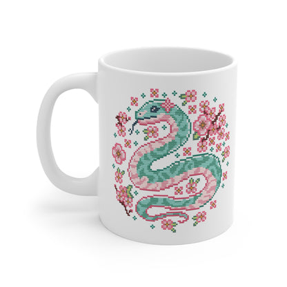 Motivtasse -  Niedliche Kawaii Kreuzstich Optik Tasse - Sakura Snake