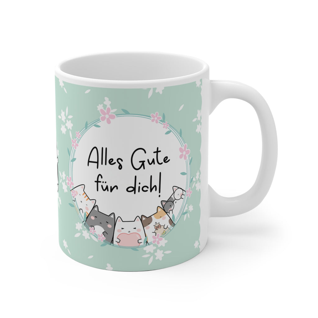 Niedliche Geschenk-Tasse in Mintgrün mit Blumendesign und Katzenillustrationen, Aufschrift „Alles Gute für dich!“ – ideal für Geburtstage, kleine Gesten und herzliche Wünsche.