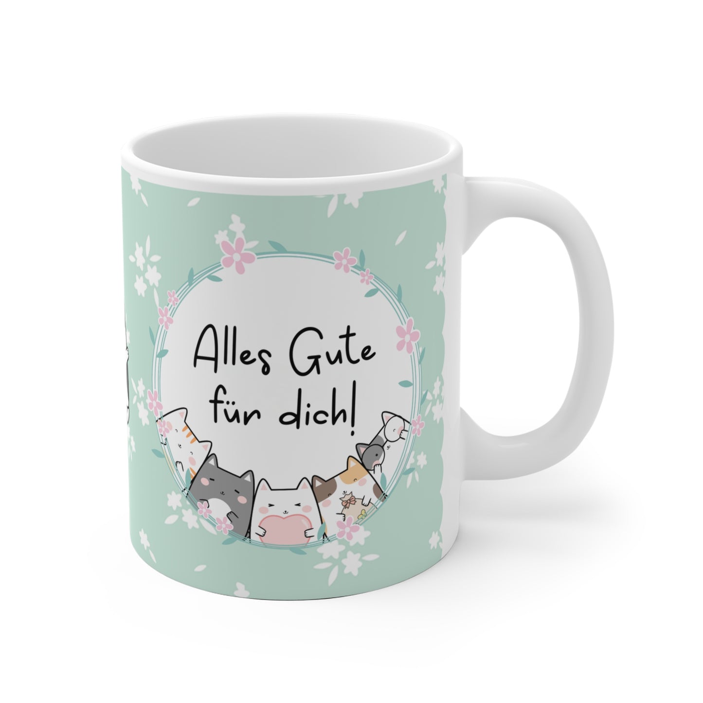Niedliche Geschenk-Tasse in Mintgrün mit Blumendesign und Katzenillustrationen, Aufschrift „Alles Gute für dich!“ – ideal für Geburtstage, kleine Gesten und herzliche Wünsche.