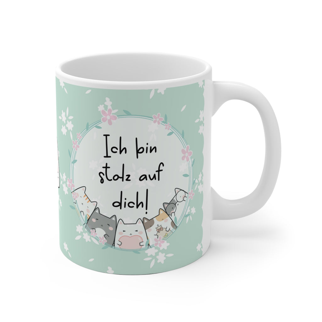 Keramiktasse mit mintgrünem Hintergrund, süßem Katzenmotiv und der Botschaft „Ich bin stolz auf dich!“ – liebevolles Geschenk für Motivation, Prüfungen oder zur Aufmunterung.
