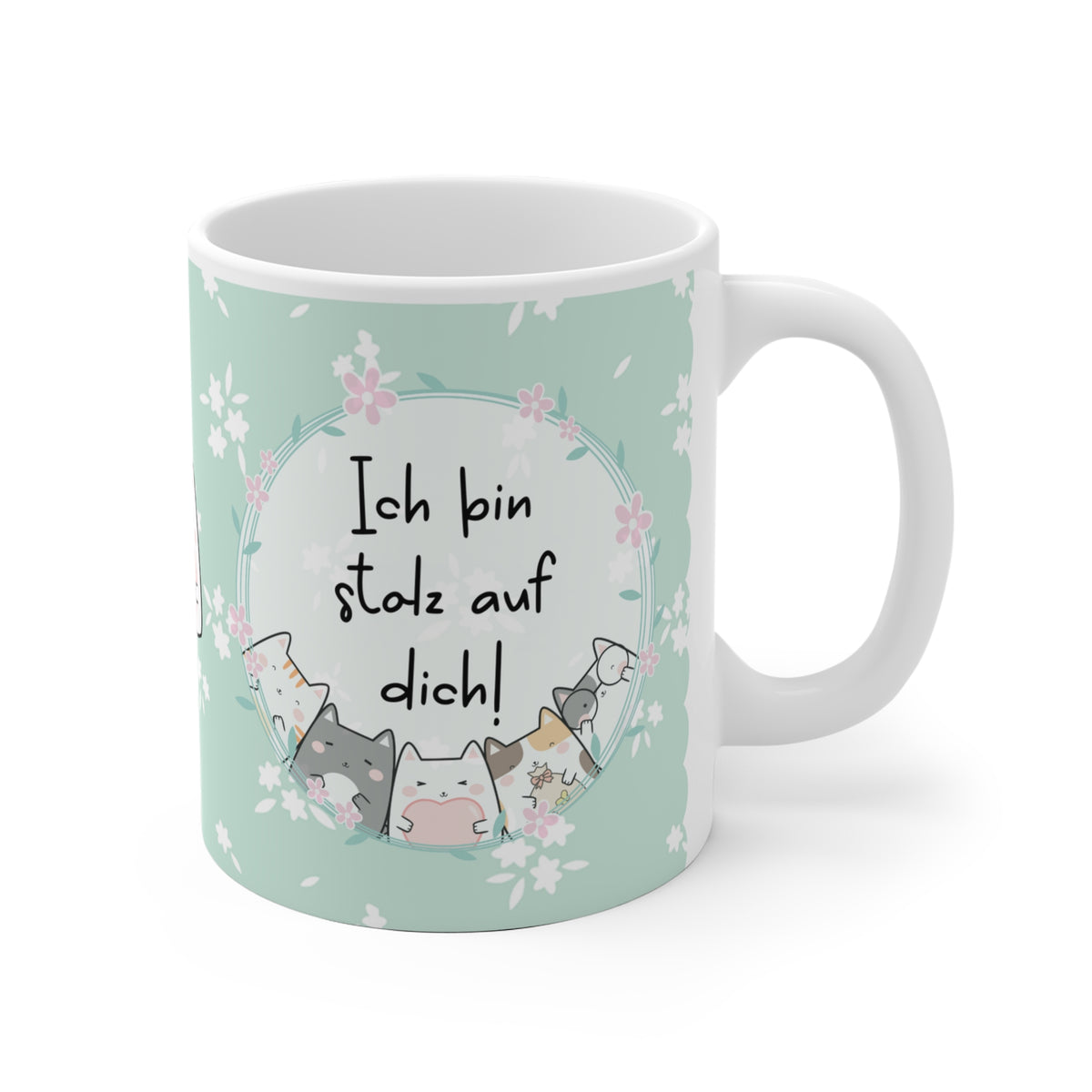 Keramiktasse mit mintgrünem Hintergrund, süßem Katzenmotiv und der Botschaft „Ich bin stolz auf dich!“ – liebevolles Geschenk für Motivation, Prüfungen oder zur Aufmunterung.