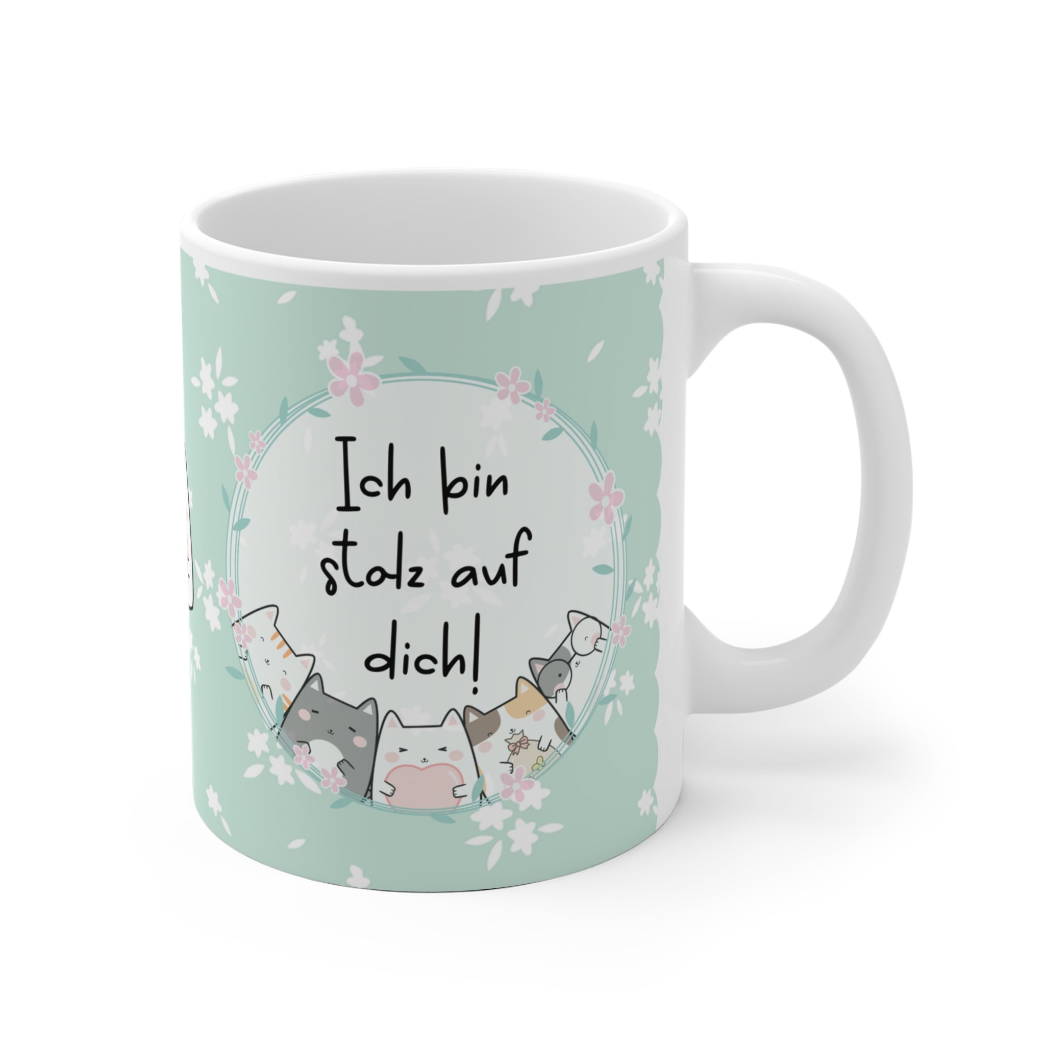 Keramiktasse mit mintgrünem Hintergrund, süßem Katzenmotiv und der Botschaft „Ich bin stolz auf dich!“ – liebevolles Geschenk für Motivation, Prüfungen oder zur Aufmunterung.