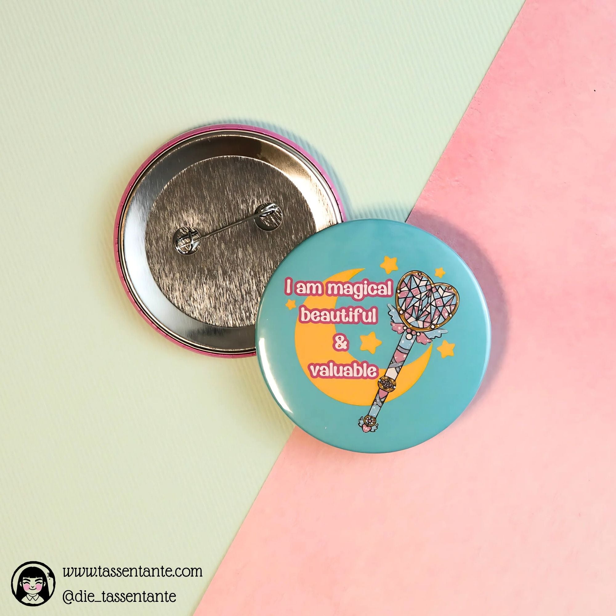 Trans Pride Button - 59mm - 90s Magical Anime Wand - Moon