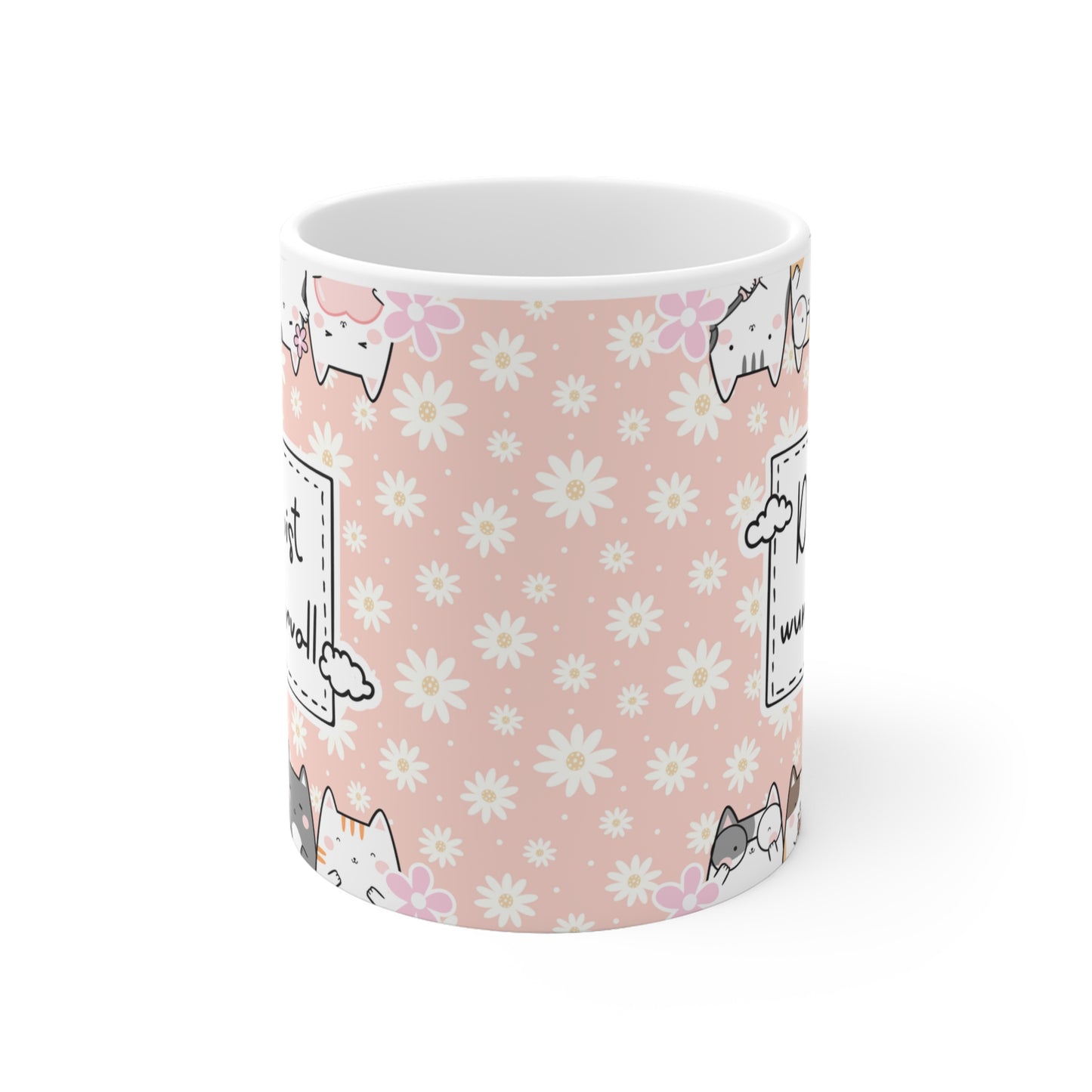 Liebevoll gestaltete rosa Tasse mit Blumenmuster, süßen Katzen und der Aufschrift „Du bist wundervoll“ – perfektes Geschenk für Freundinnen, Kolleginnen oder zum Selbstverwöhnen.