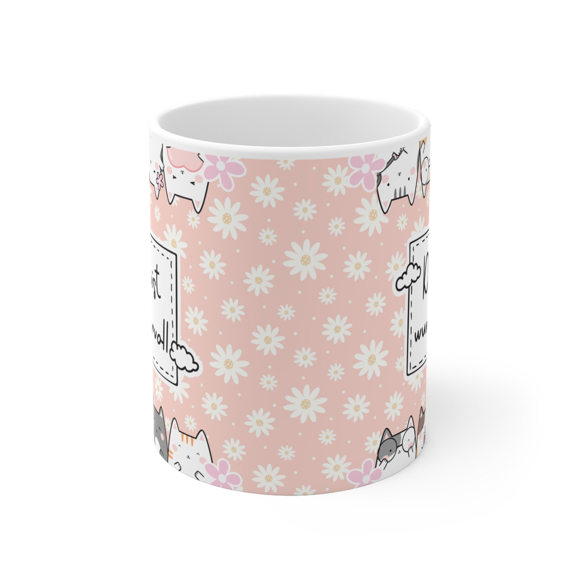 Liebevoll gestaltete rosa Tasse mit Blumenmuster, süßen Katzen und der Aufschrift „Du bist wundervoll“ – perfektes Geschenk für Freundinnen, Kolleginnen oder zum Selbstverwöhnen.