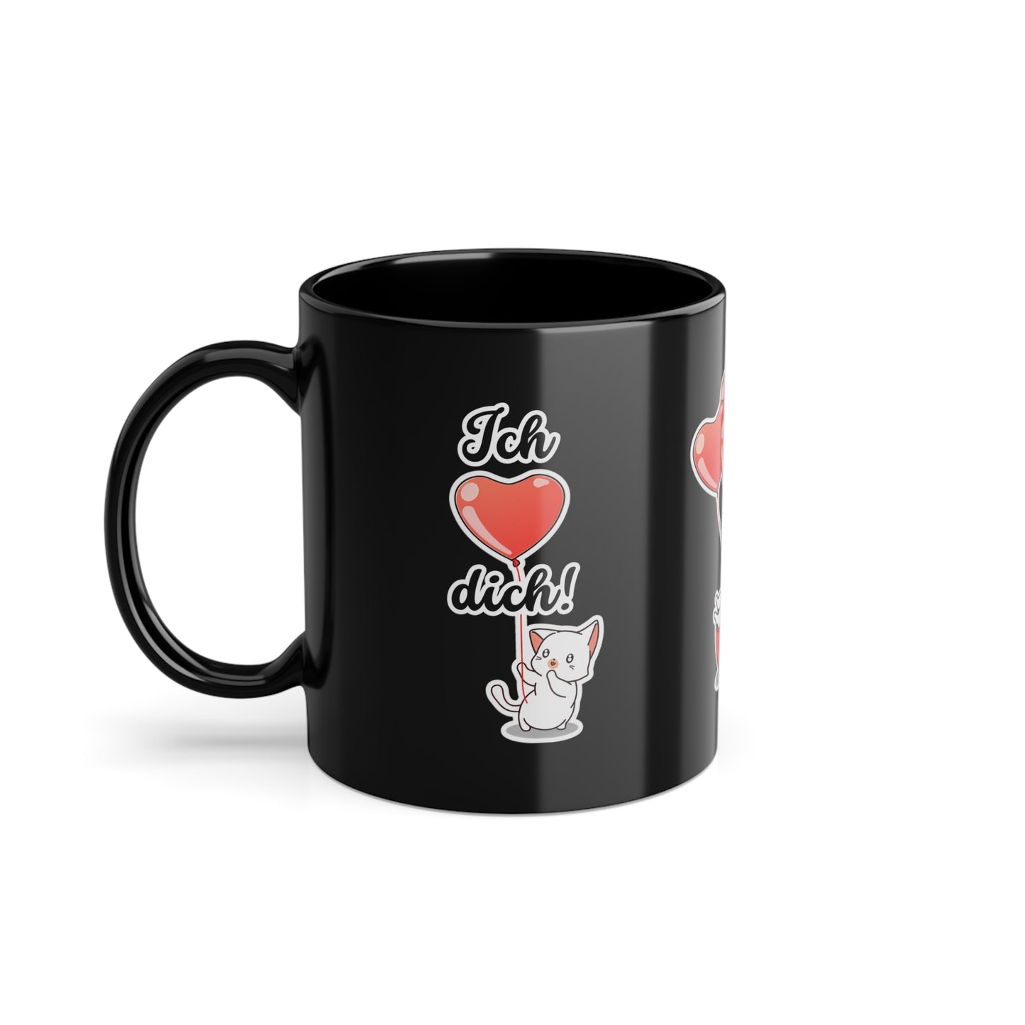 Süße Geschenkidee für Verliebte! Schwarze Tasse mit dem Spruch „Ich liebe dich“ und niedlichem Katzenmotiv – perfekt für Valentinstag oder Jahrestage