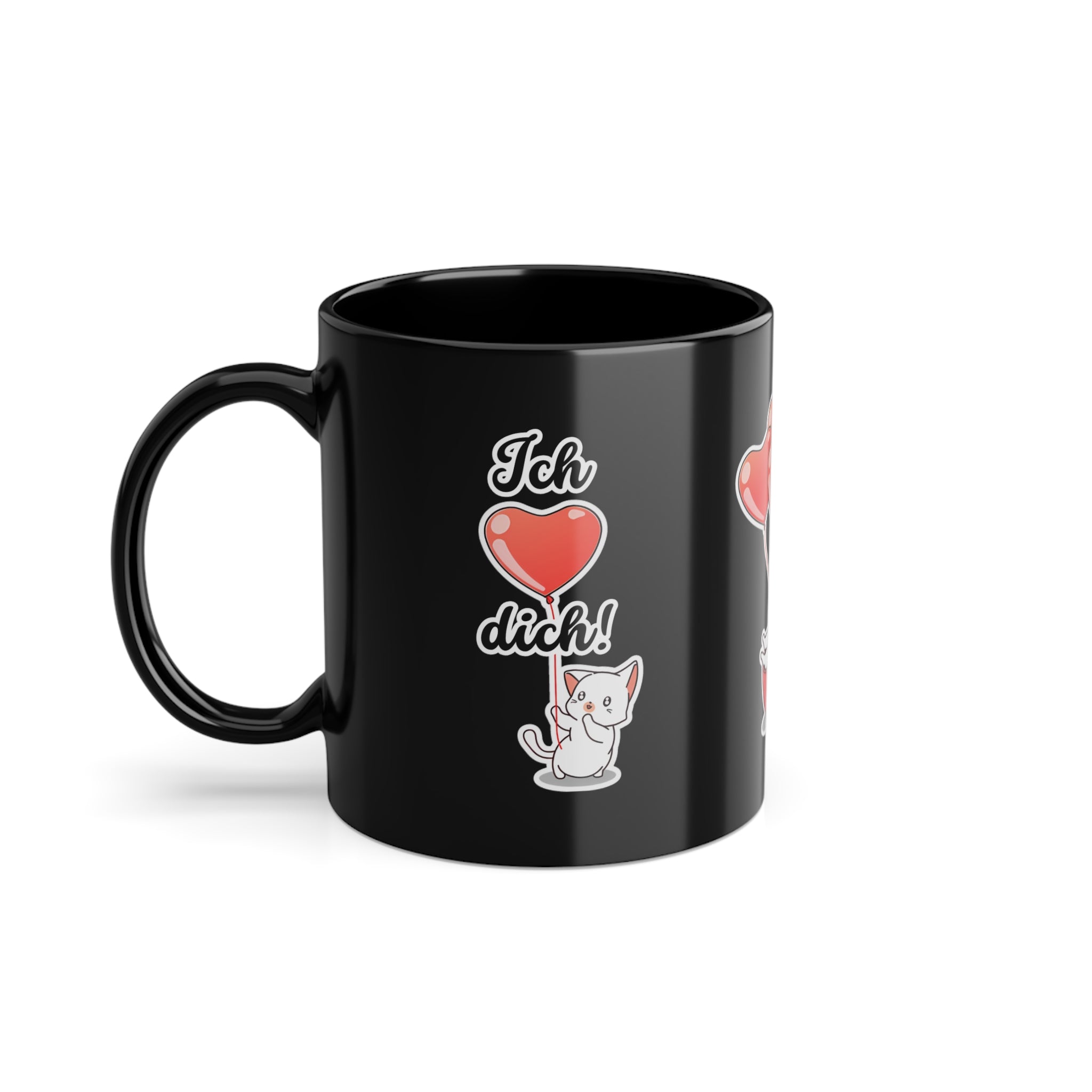 Süße Geschenkidee für Verliebte! Schwarze Tasse mit dem Spruch „Ich liebe dich“ und niedlichem Katzenmotiv – perfekt für Valentinstag oder Jahrestage