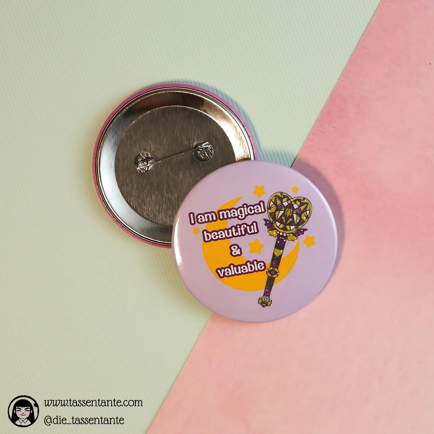 Nonbinary Pride Button - 59mm - 90s Magical Anime Wand - Moon