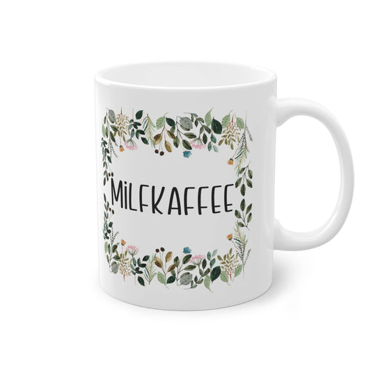 a white coffee mug with the words milkaffe on it