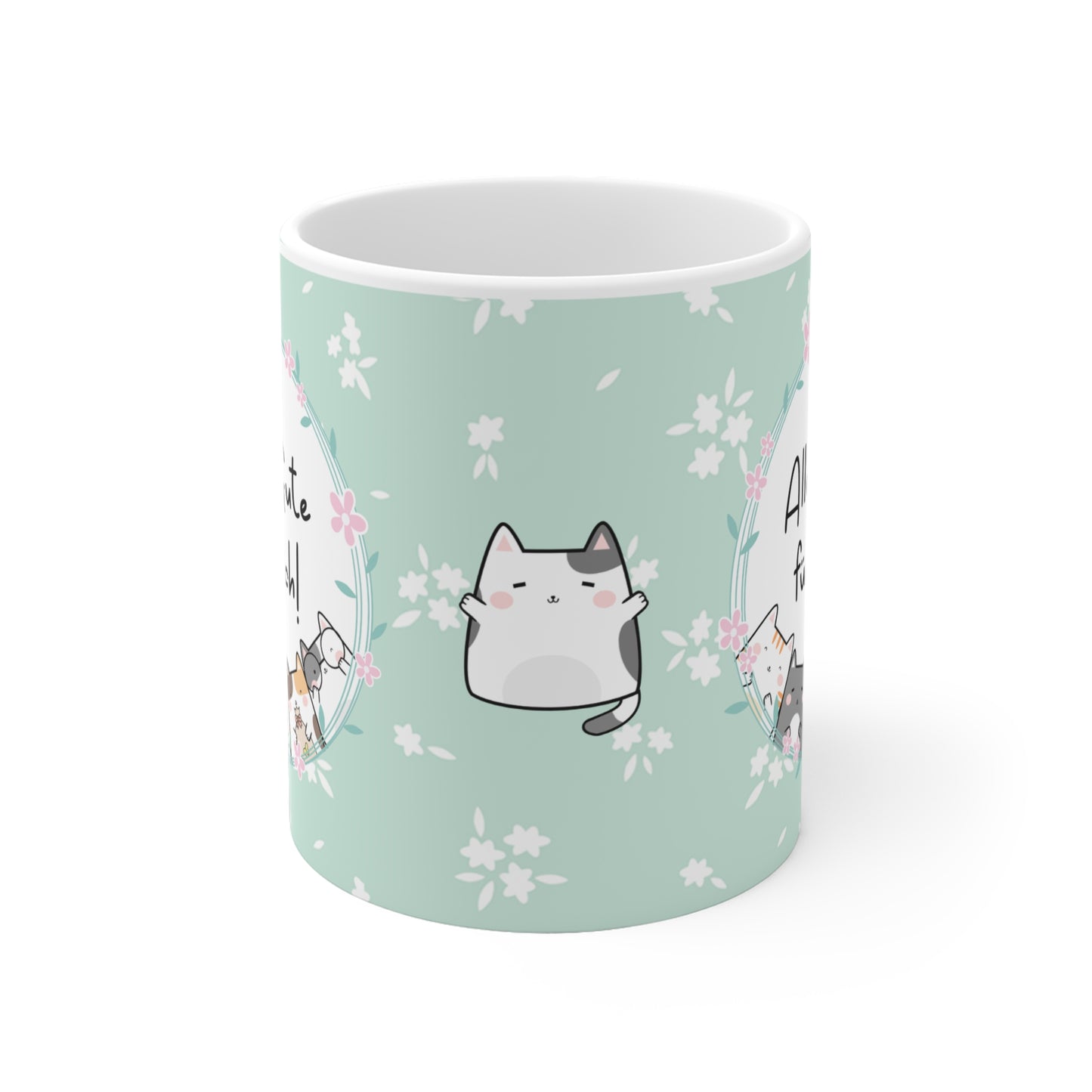 Niedliche Geschenk-Tasse in Mintgrün mit Blumendesign und Katzenillustrationen, Aufschrift „Alles Gute für dich!“ – ideal für Geburtstage, kleine Gesten und herzliche Wünsche.