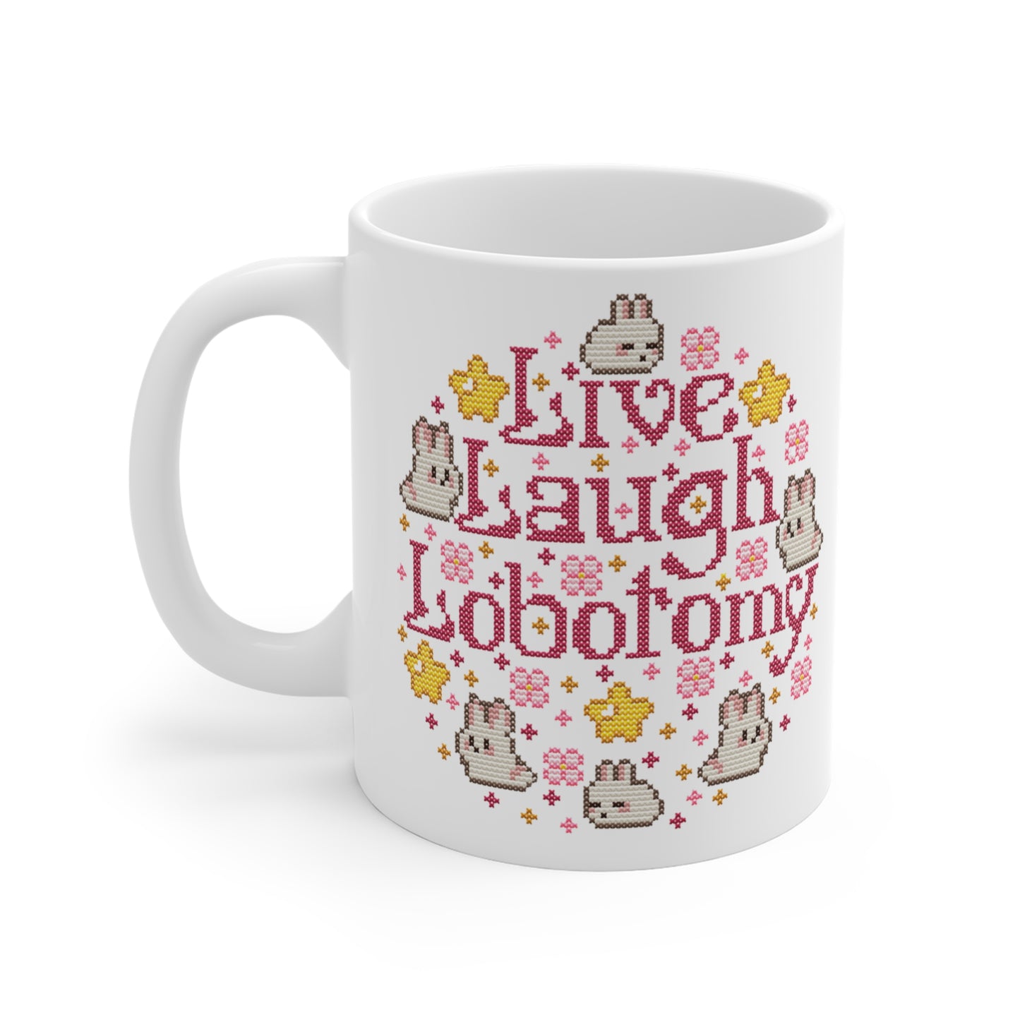 Tasse Sticken -  Witzige Kreuzstich Optik Motivtasse - Live Laugh Lobotomy