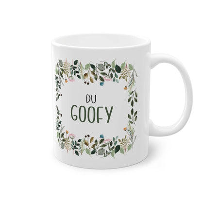 a white coffee mug with the words du gooey printed on it