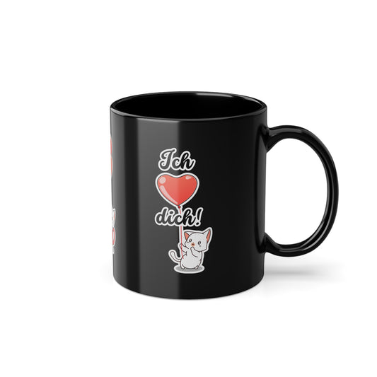 Süße Geschenkidee für Verliebte! Schwarze Tasse mit dem Spruch „Ich liebe dich“ und niedlichem Katzenmotiv – perfekt für Valentinstag oder Jahrestage