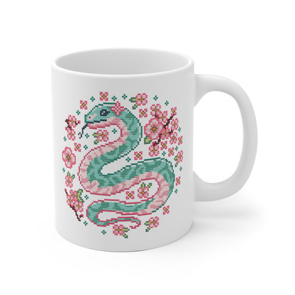 Motivtasse -  Niedliche Kawaii Kreuzstich Optik Tasse - Sakura Snake