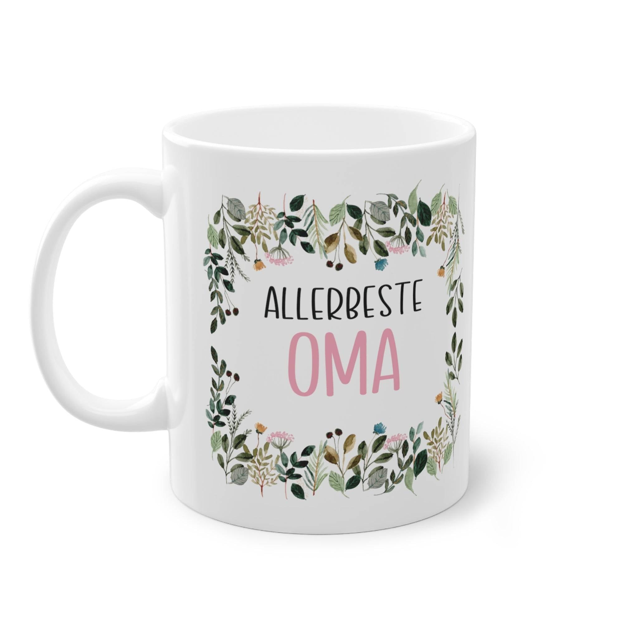 a white coffee mug with the words allerfeste oma on it