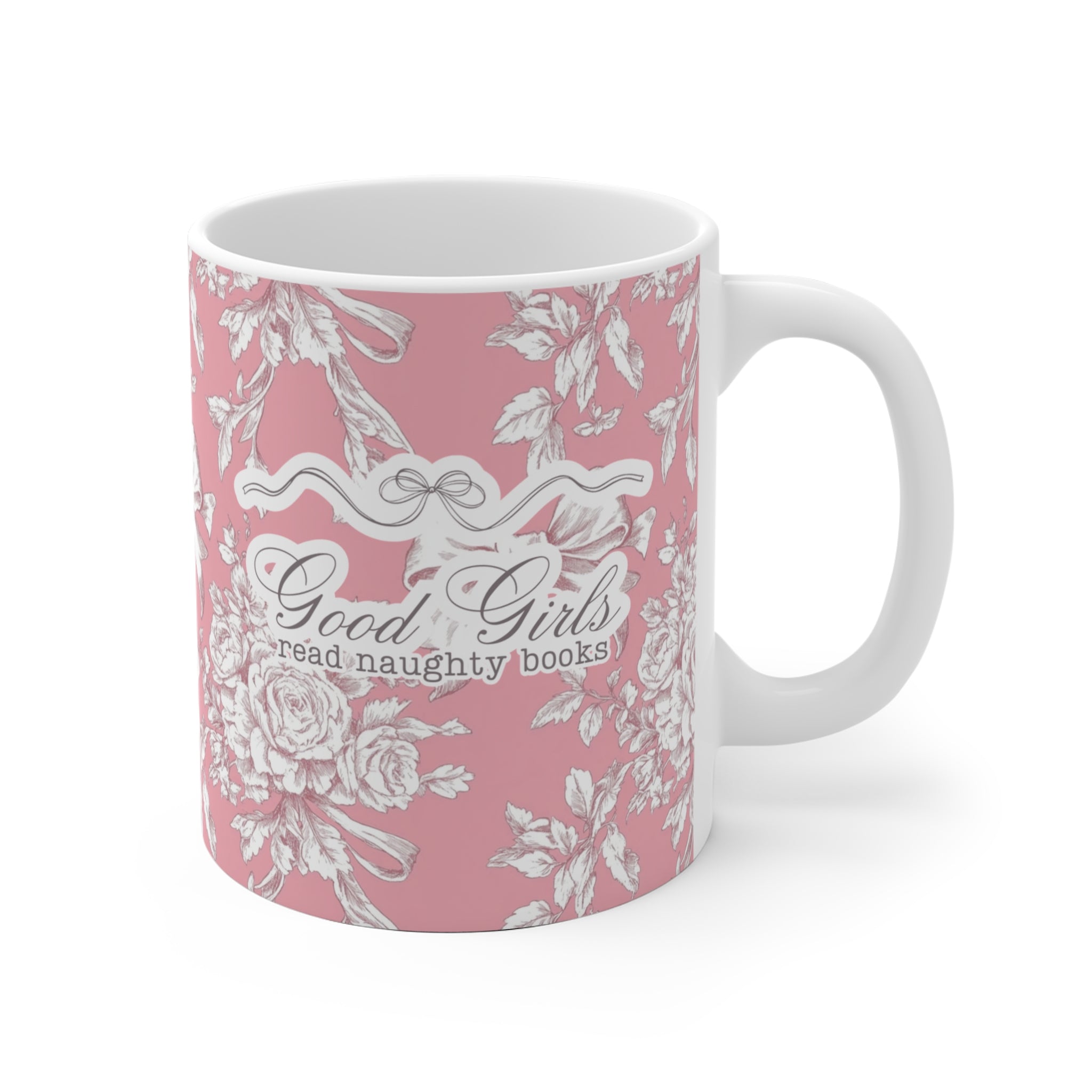 Romantisch-rosa Kaffeetasse mit floralem Muster und Statement „Good Girls read naughty books“ – trendiges Geschenk für Leserinnen von Dark Romance, BookTok-Hits und spicy Büchern.