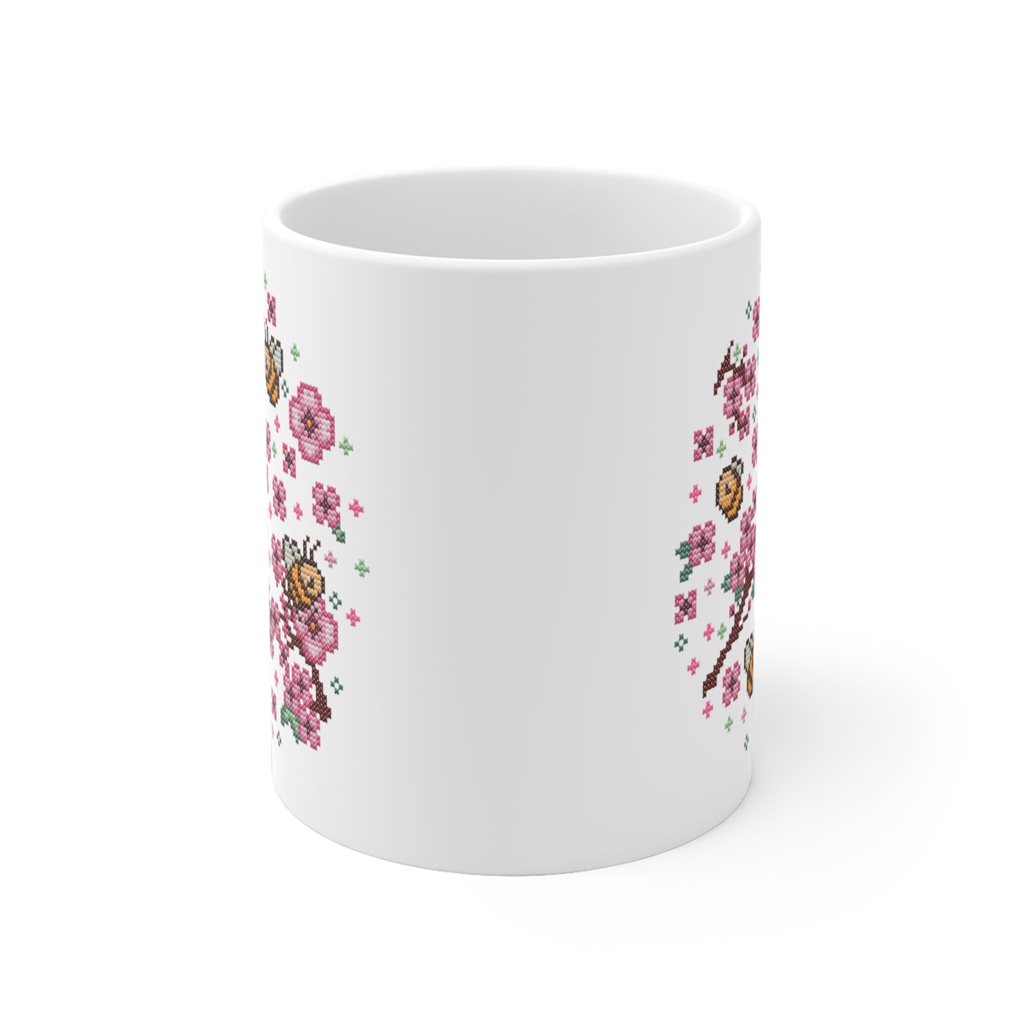Motivtasse -  Niedliche Kawaii Kreuzstich Optik Tasse - Sakura Bees - Frühling Kaffee Tasse