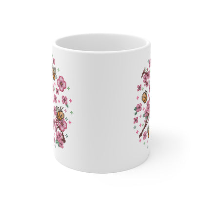 Motivtasse -  Niedliche Kawaii Kreuzstich Optik Tasse - Sakura Bees - Frühling Kaffee Tasse