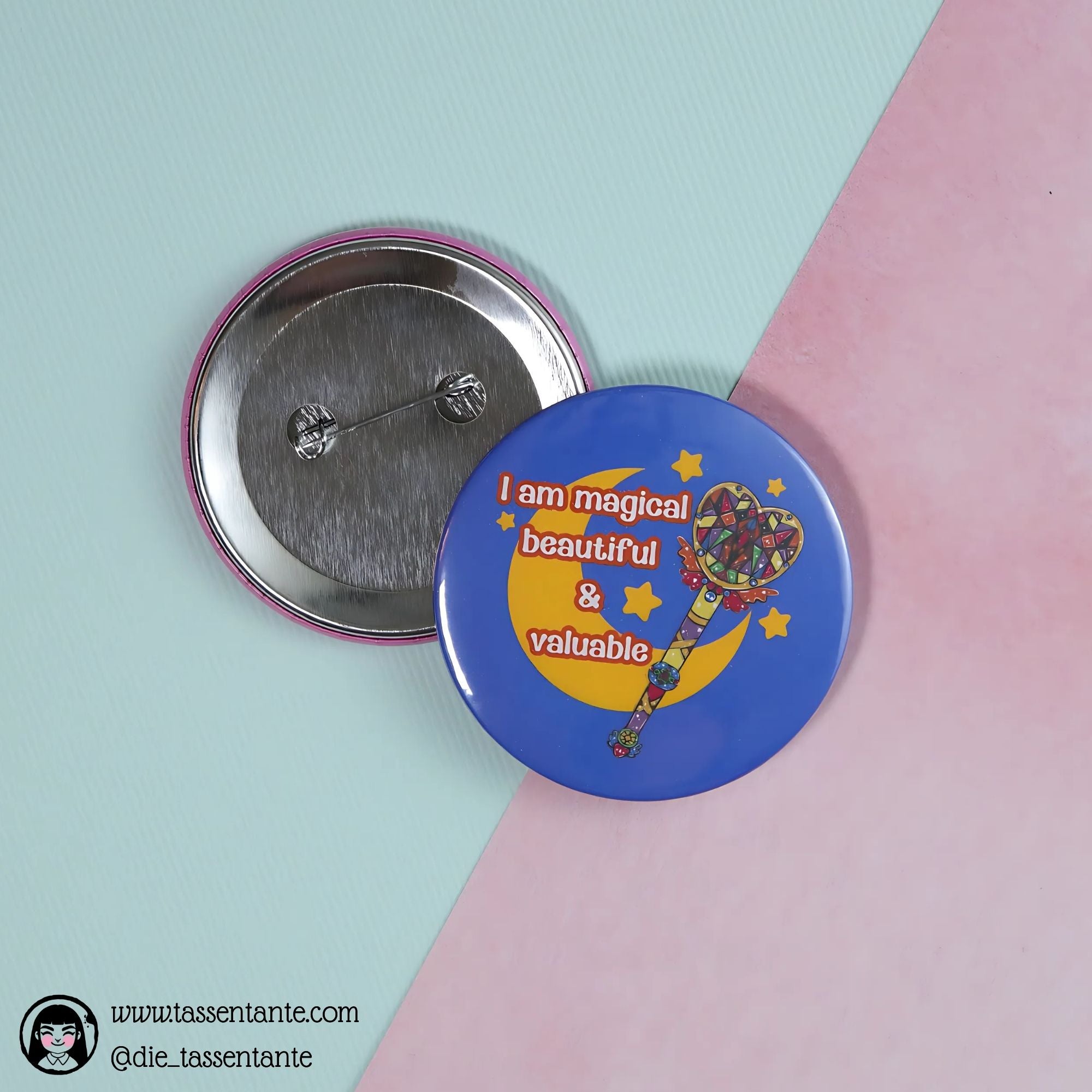 Inclusive Pride Button - 59mm - 90s Magical Anime Wand - Moon
