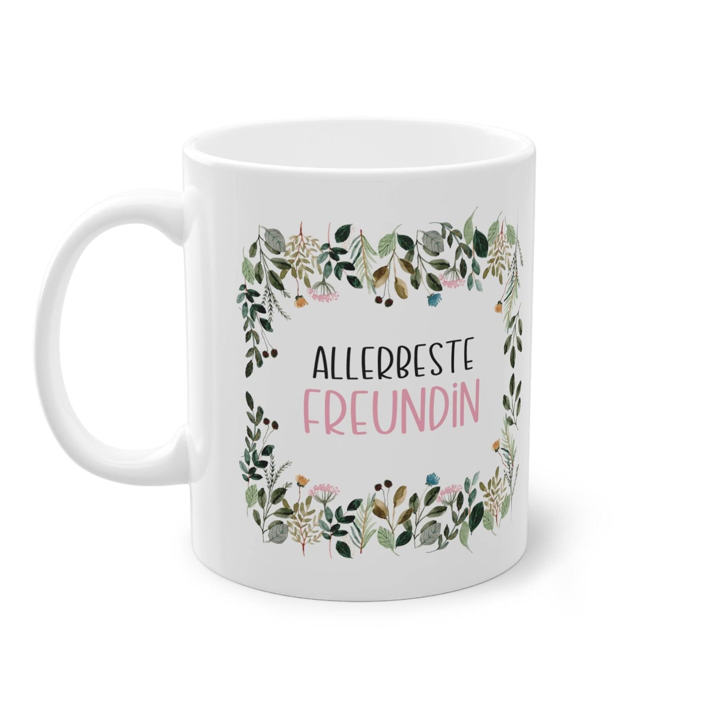 Überrasche deine Allerbeste Freundin mit dieser süssen Tasse, umhüllt von einem liebevollen floralen Rahmen – das perfekte Geschenk für die beste Freundin. 