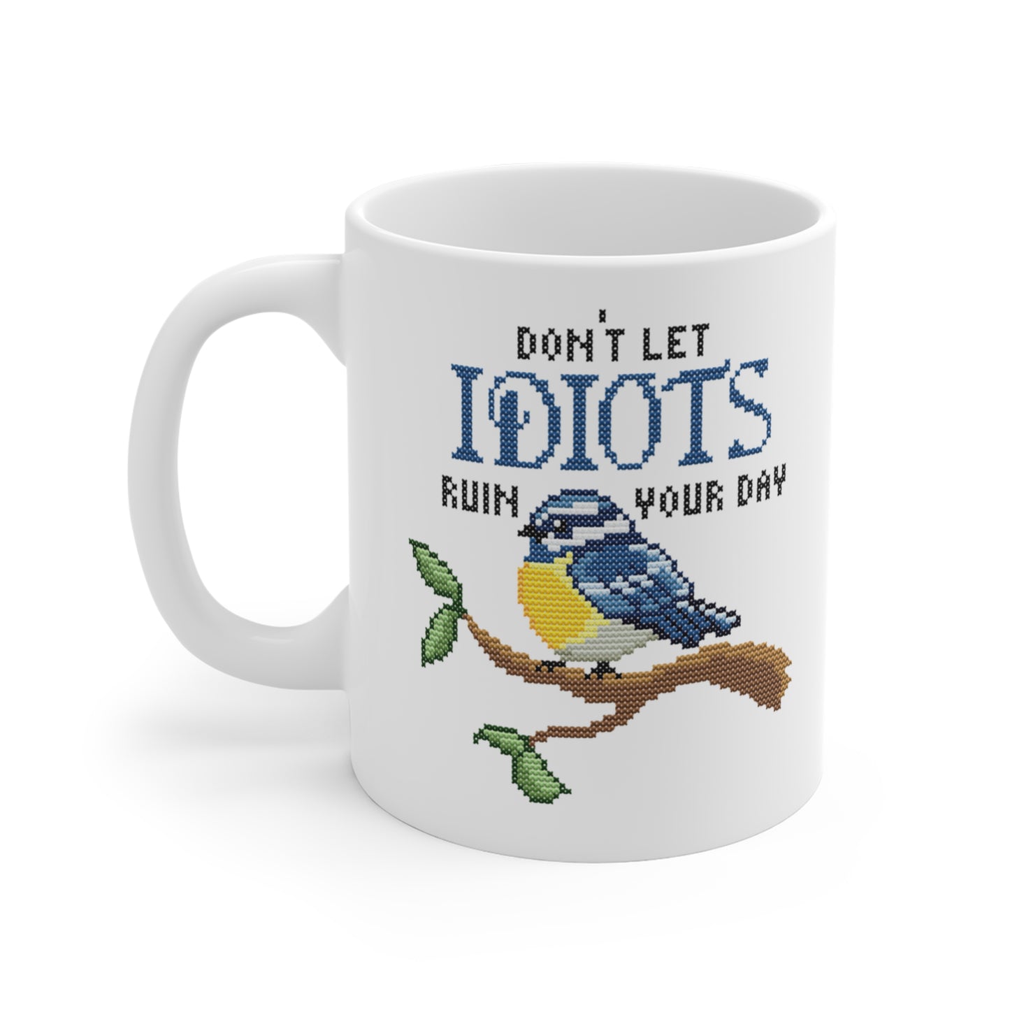 Tasse Sticken -  Witzige Kreuzstich Optik Motivtasse - Don´t let idiots ruin your day