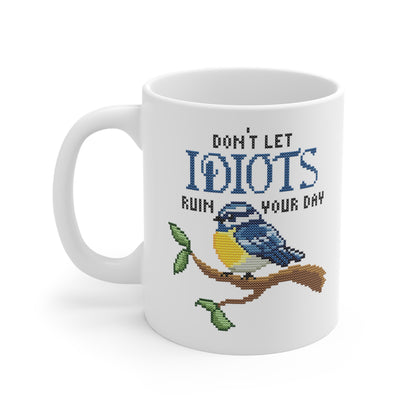 Tasse Sticken -  Witzige Kreuzstich Optik Motivtasse - Don´t let idiots ruin your day