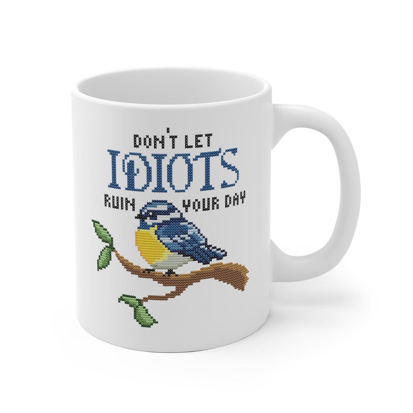 Tasse Sticken -  Witzige Kreuzstich Optik Motivtasse - Don´t let idiots ruin your day