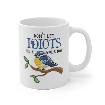 Tasse Sticken -  Witzige Kreuzstich Optik Motivtasse - Don´t let idiots ruin your day