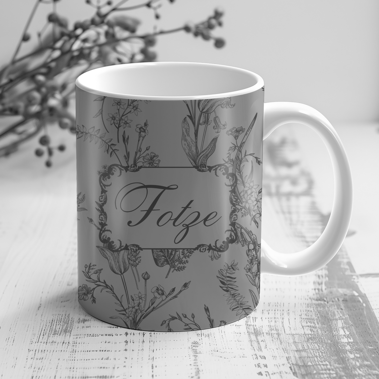 Lustige Fotze Tasse mit Vintage Blumenmuster - grey