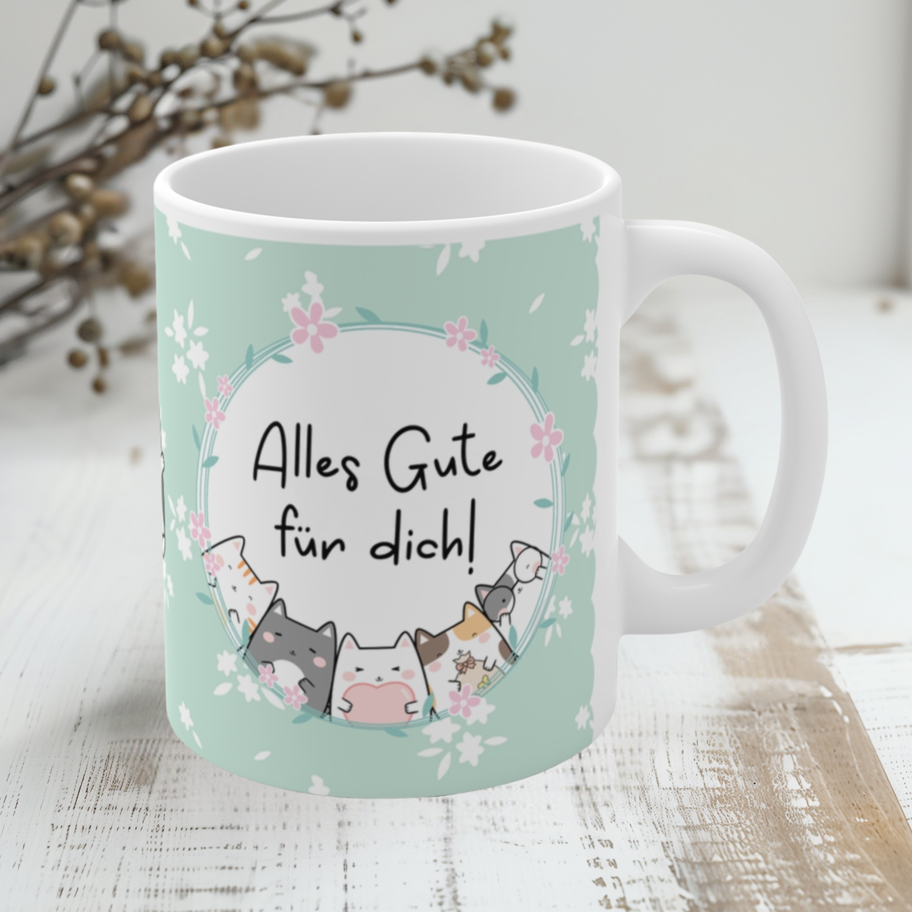 Niedliche Geschenk-Tasse in Mintgrün mit Blumendesign und Katzenillustrationen, Aufschrift „Alles Gute für dich!“ – ideal für Geburtstage, kleine Gesten und herzliche Wünsche.