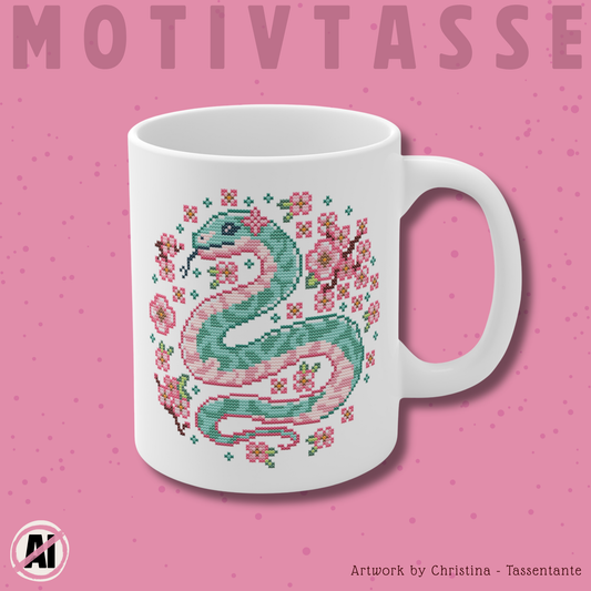 Motivtasse -  Niedliche Kawaii Kreuzstich Optik Tasse - Sakura Snake